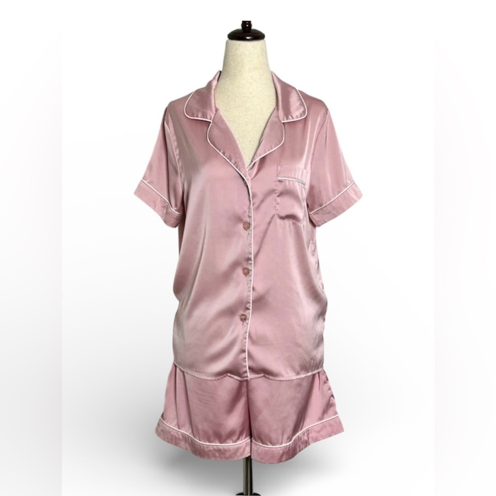 Pink Satin Pajama Set by Kennedy Blue, Button Front Shirt and Shorts size Medium